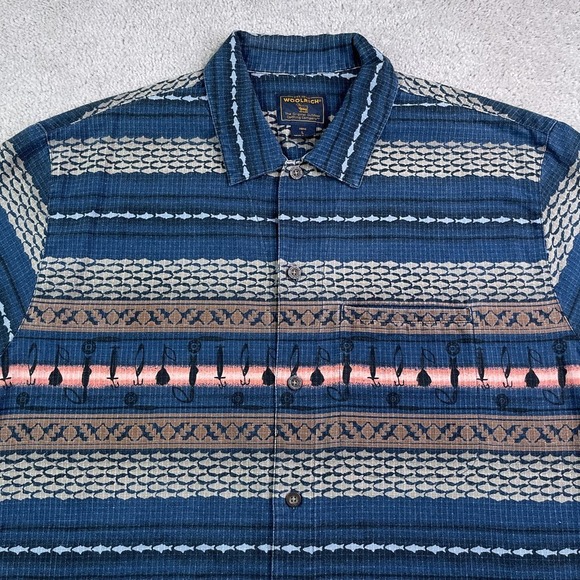 Woolrich Other - Woolrich Shirt Mens Large Blue Fish Print Fishing Lures Ripstop Cotton Button Up